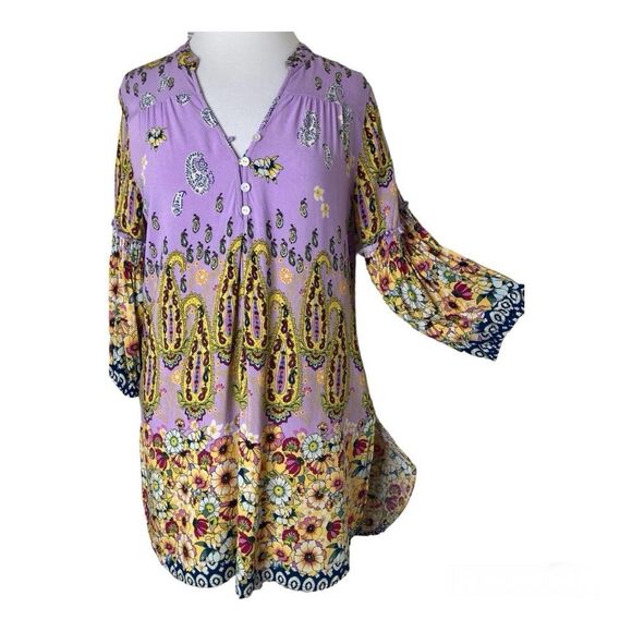 Anthropologie Fig & Flower Lavender Multicolor Paisley Boho Peasant Tunic Blouse - Picture 2 of 7